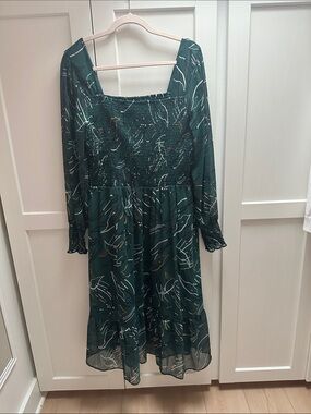 Nine West Forest Green Printed Square-Neck Midi Dress